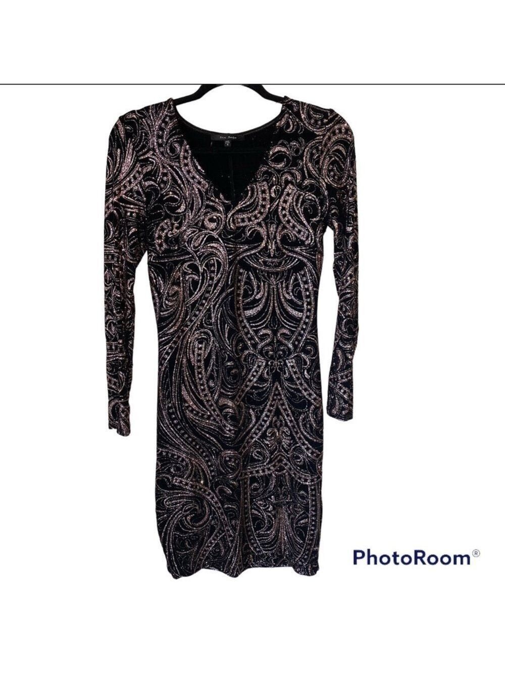 Blu Sage V-Neck Rose Gold Glitter Western Long Sleeve Dress Black Size 4